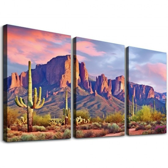  Colorfull Sunset with Superstition Mountains wall art Sonoran Desert Picture Saguaros Landscape Canvas Wall Art Gallery Wrapped Botanical Cactus in Picture Print on Canvas for Living Room