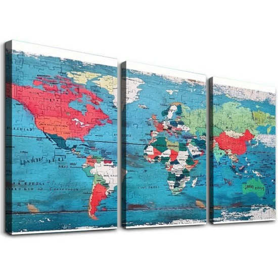 World Map Pictures Canvas Wall Art for Living Room Bedroom or Bathroom Wall Decor,Wall Map Wall Art Print Paitnings for Home Decor,World Map Waterproof Stretched Ready to Hang