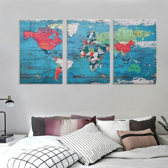 World Map Pictures Canvas Wall Art for Living Room Bedroom or Bathroom Wall Decor,Wall Map Wall Art Print Paitnings for Home Decor,World Map Waterproof Stretched Ready to Hang