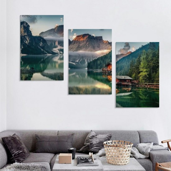 Green Lake Mountain Pictures Canvas Wall Art for Living room Bedroom Wall Decor, Mountain Wall Art Print Paitnings for home Decor,Morden Artwork House in the lake Landscape Canvas Art