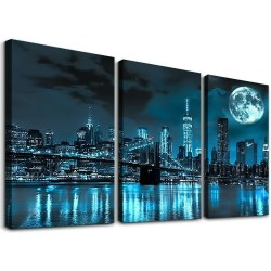 Wall Art Canvas Painting Black White and Blue New York Brooklyn Bridge Cityscape Night Building Picture Poster Print Framed for Living Room Bedroom Kitchen Office Home Decor