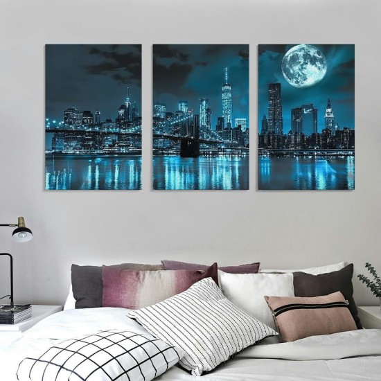 Wall Art Canvas Painting Black White and Blue New York Brooklyn Bridge Cityscape Night Building Picture Poster Print Framed for Living Room Bedroom Kitchen Office Home Decor