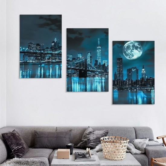 Wall Art Canvas Painting Black White and Blue New York Brooklyn Bridge Cityscape Night Building Picture Poster Print Framed for Living Room Bedroom Kitchen Office Home Decor