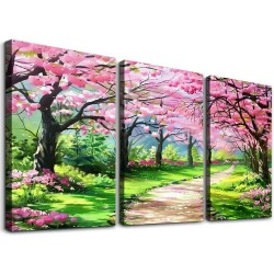 Canvas Wall Art Painting Pink Cherry Blossoms Park Tree Forest Wallpaper Spring landscape Picture Poster Print Framed and Stretched Ready to Hang for Living Room Bedroom Artwork