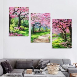 Canvas Wall Art Painting Pink Cherry Blossoms Park Tree Forest Wallpaper Spring landscape Picture Poster Print Framed and Stretched Ready to Hang for Living Room Bedroom Artwork