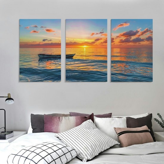 Wall Art Decor Canvas Print Picture Sunset over the Sea Boat Ocean Waves Scenery Painting Artwork for Office Wall Decor Home Decoration Stretched and Framed Ready to Hang