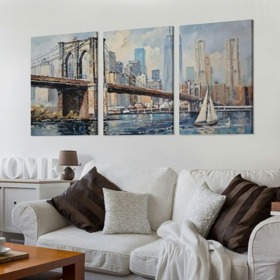 Brooklyn Bridge Wall Art New York Abstract Canvas Cityscape Painting, Colorful NYC Skyline Textured Picture Modern Artwork Framed for Living Room Bedroom Office Home Decor