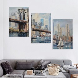 Brooklyn Bridge Wall Art New York Abstract Canvas Cityscape Painting, Colorful NYC Skyline Textured Picture Modern Artwork Framed for Living Room Bedroom Office Home Decor