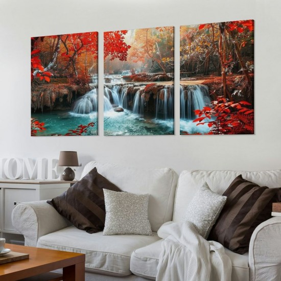 Wall Art Decor Canvas Print Picture Red Forest Waterfalls Landscape Tree for Living Room Office Home Decorations Stretched and Framed Ready to Hang