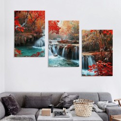 Wall Art Decor Canvas Print Picture Red Forest Waterfalls Landscape Tree for Living Room Office Home Decorations Stretched and Framed Ready to Hang