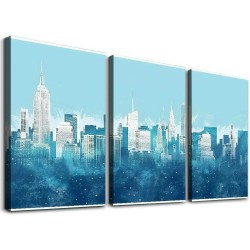 New York Wall Art - Abstract City Skyline Canvas Pictures for Living Room Bedroom Decor Aesthetic Artwork Teal Blue Navy Canvas Prints for Bedroom Home Office Wall Decor