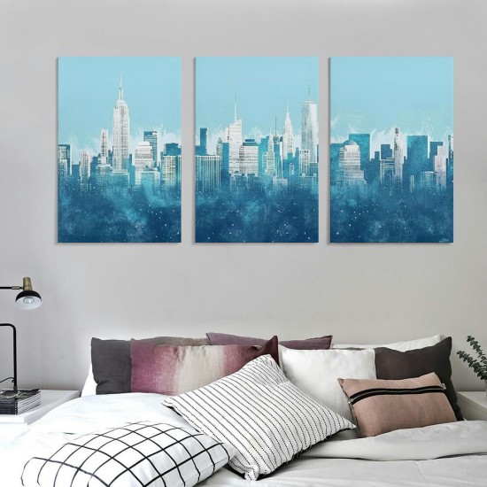 New York Wall Art - Abstract City Skyline Canvas Pictures for Living Room Bedroom Decor Aesthetic Artwork Teal Blue Navy Canvas Prints for Bedroom Home Office Wall Decor