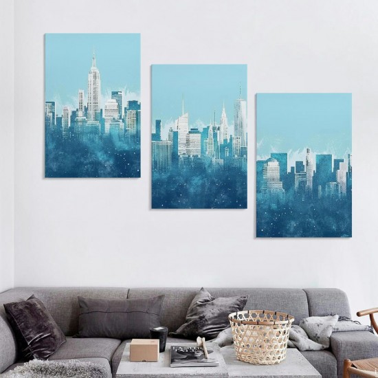 New York Wall Art - Abstract City Skyline Canvas Pictures for Living Room Bedroom Decor Aesthetic Artwork Teal Blue Navy Canvas Prints for Bedroom Home Office Wall Decor