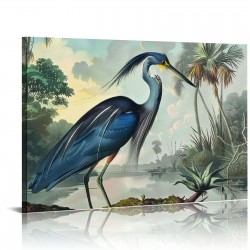 Blue Heron Wall Art Bird Poster Vintage Frame Canvas Painting Wall Art Heron Artwork Poster Picture Bedroom Wall Decor