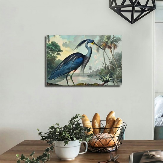 Blue Heron Wall Art Bird Poster Vintage Frame Canvas Painting Wall Art Heron Artwork Poster Picture Bedroom Wall Decor