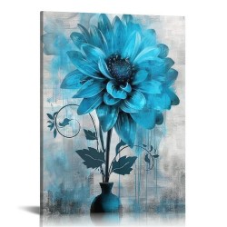 Abstract Flowers Wall Art Teal Flower Canvas Pictures Rustic Blossom Canvas Painting for Bedroom Bathroom Wall Decor Modern Teal Grey Canvas Prints Contemporary Botanical Wall Art