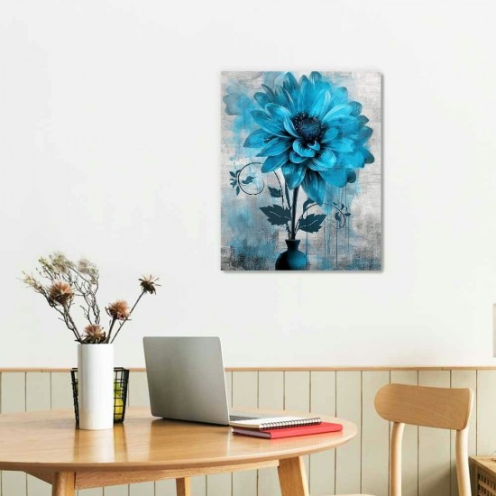 Abstract Flowers Wall Art Teal Flower Canvas Pictures Rustic Blossom Canvas Painting for Bedroom Bathroom Wall Decor Modern Teal Grey Canvas Prints Contemporary Botanical Wall Art