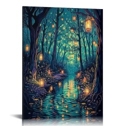 Halloween Fantasy Forest Canvas Wall Art, on Trees Blue Poster for Aesthetic, Picture Print Decor