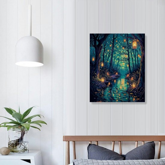 Halloween Fantasy Forest Canvas Wall Art, on Trees Blue Poster for Aesthetic, Picture Print Decor