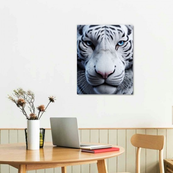 White Wall Art Wild Animal Portrait Picture Wall Decor Blue Eyed Tiger Prints on Canvas Posters Modern Home Decor for Living Room Kids Room Stretched and Framed Artwork