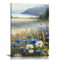 Canvas Wall Art Beach Floral Wall Picture Boho Farmhouse Daisy Flowers Nautical Sea Ocean Canvas Print Vintage Artwork for Bathroom Bedroom Living Room Office Decor